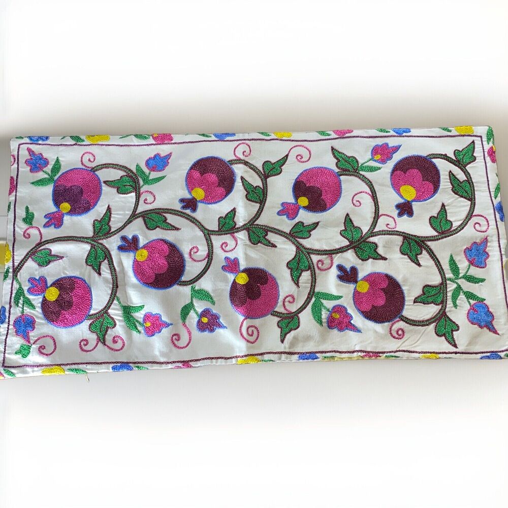 Handmade Embroidered Pillow Cover 3D Bright Floral Vine 14.5x 29.5” Boho Cottage